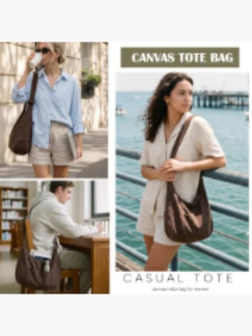 Canvas Hobo Crossbody Tote Bag with Zipper, Adjustable Strap, Fits 13-14